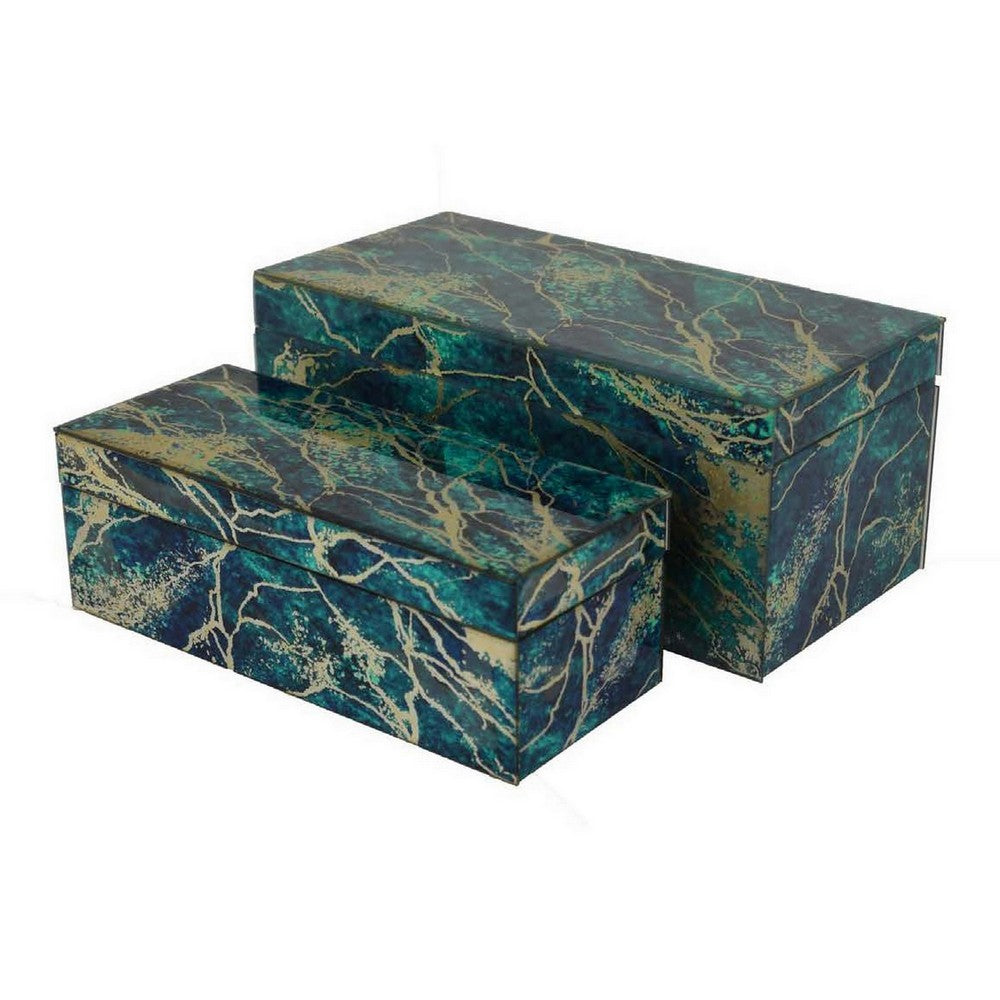 Dory Decorative Box Set of 2, Green Blue Faux Marble Accent Glass -BM331371