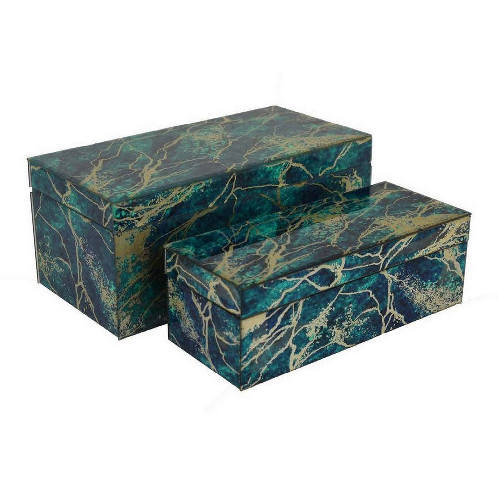 Dory Decorative Box Set of 2, Green Blue Faux Marble Accent Glass -BM331371