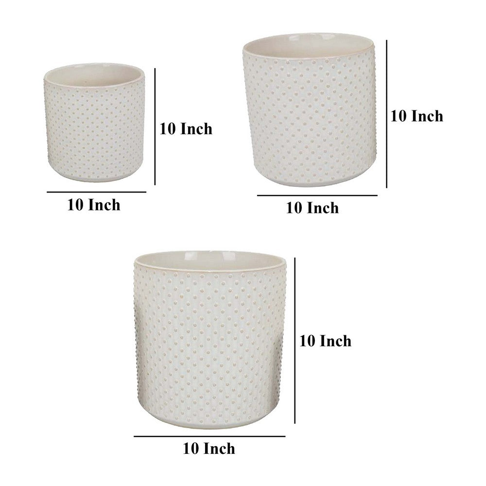 Garden Planter Set of 3, Round White Ceramic Body, Dotted Outer Design -BM331383