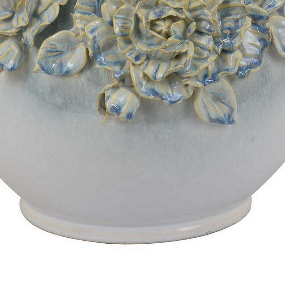Rox Accent Planter, Floral Applique Design, 12 Inch White Ceramic -BM331394