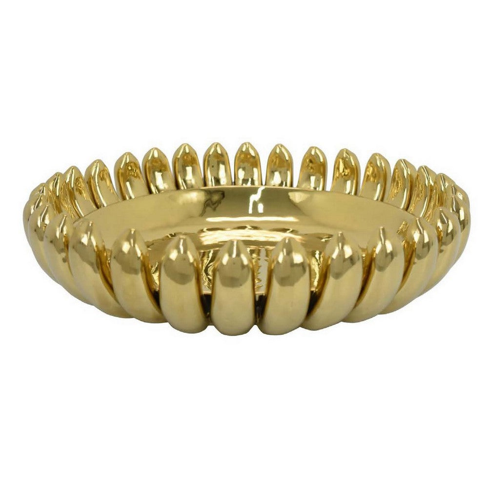 Zoma Accent Bowl, 16 Inch Raised Rounded Edges, Gold Ceramic Body -BM331403