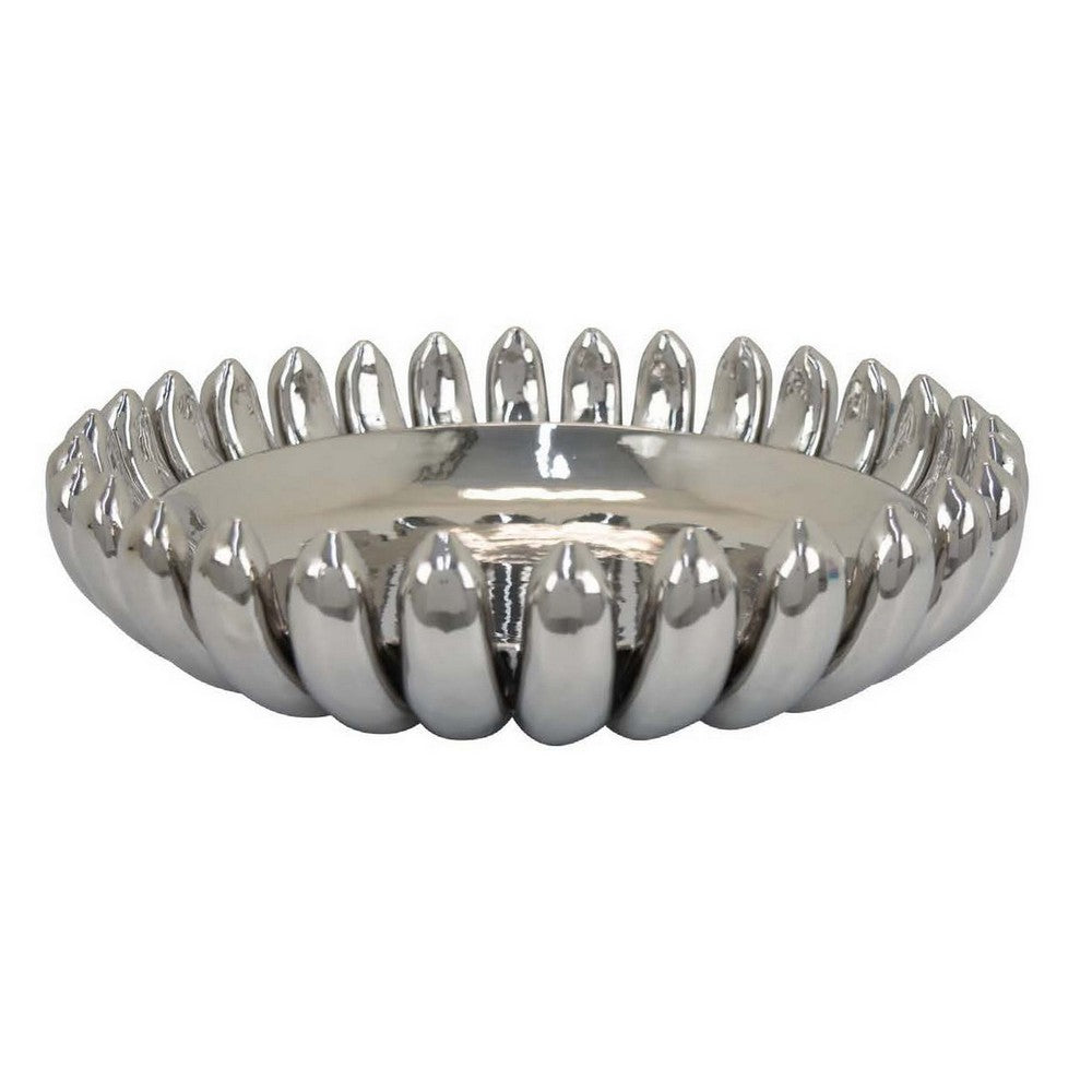 Zoma Accent Bowl, 16 Inch Raised Rounded Edges, Silver Ceramic Body -BM331404