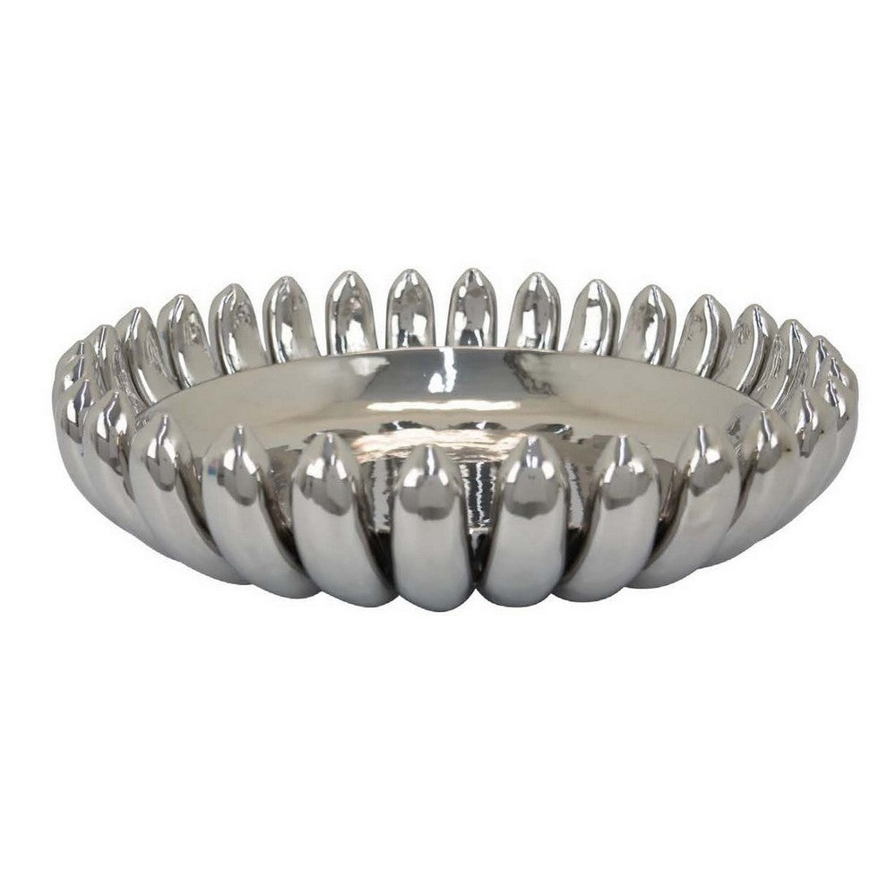 Zoma Accent Bowl, 16 Inch Raised Rounded Edges, Silver Ceramic Body -BM331404