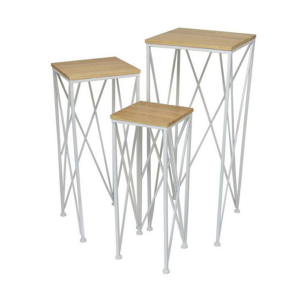 3pc Nesting Plant Stand Table Set, Brown Wood, Open White Metal Base -BM331445