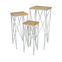 3pc Nesting Plant Stand Table Set, Brown Wood, Open White Metal Base -BM331445