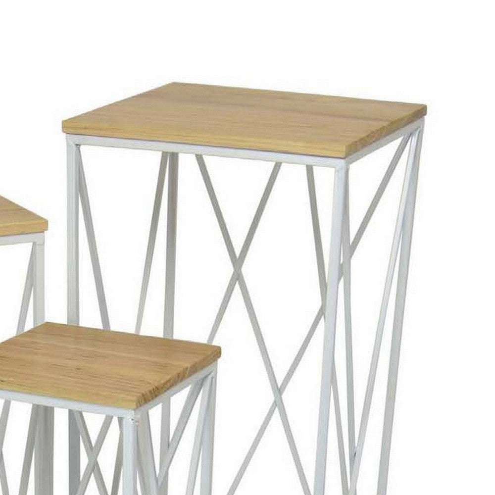 3pc Nesting Plant Stand Table Set, Brown Wood, Open White Metal Base -BM331445