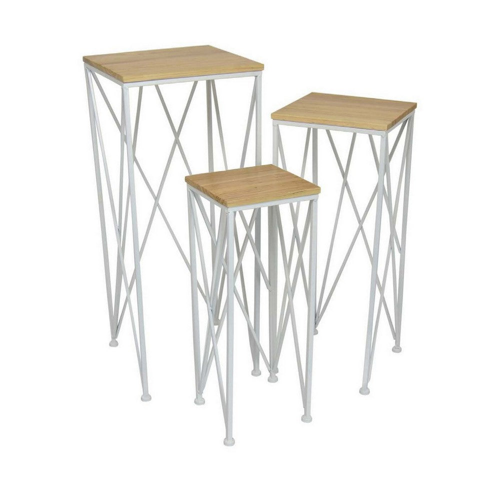 3pc Nesting Plant Stand Table Set, Brown Wood, Open White Metal Base -BM331445