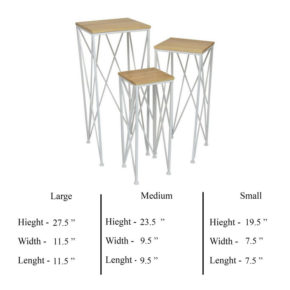 3pc Nesting Plant Stand Table Set, Brown Wood, Open White Metal Base -BM331445