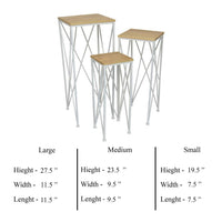 3pc Nesting Plant Stand Table Set, Brown Wood, Open White Metal Base -BM331445