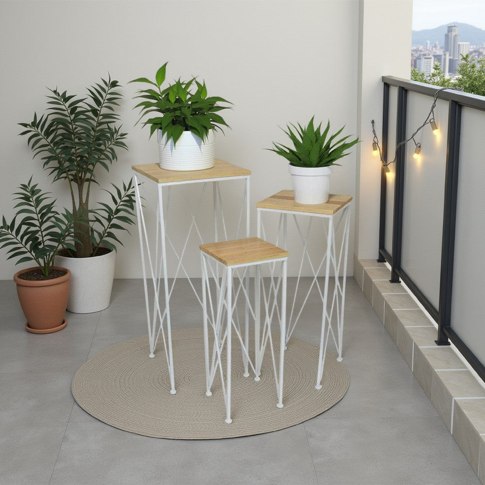3pc Nesting Plant Stand Table Set, Brown Wood, Open White Metal Base -BM331445