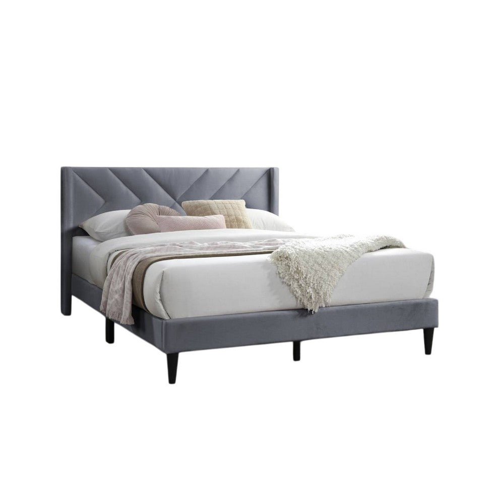 Reno Queen Size Bed, Modern X Channel Tufted Gray Velvet Upholstery -BM332425