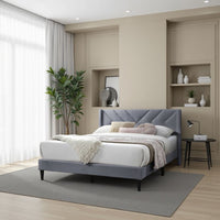 Reno Queen Size Bed, Modern X Channel Tufted Gray Velvet Upholstery -BM332425