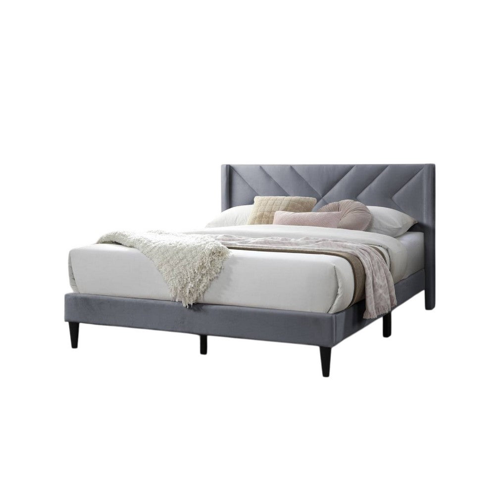 Reno Queen Size Bed, Modern X Channel Tufted Gray Velvet Upholstery -BM332425