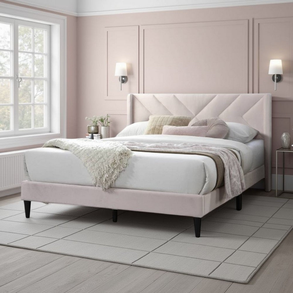 Reno Queen Size Bed, Modern X Channel Tufted Pink Velvet Upholstery -BM332426