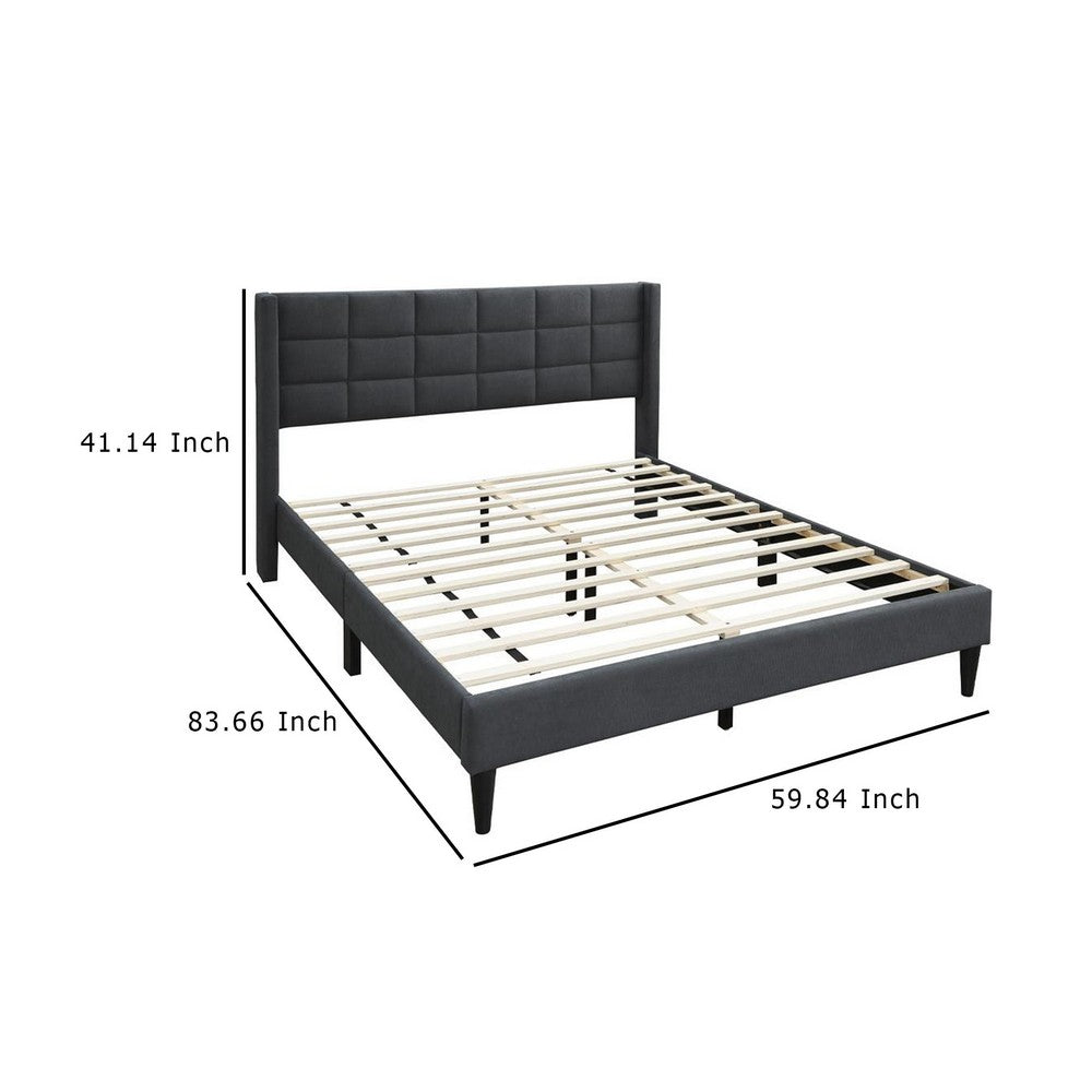 Meno Queen Size Bed, Square Stitched Charcoal Gray Linen Upholstery -BM332427