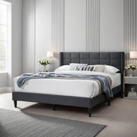 Meno Queen Size Bed, Square Stitched Charcoal Gray Linen Upholstery -BM332427