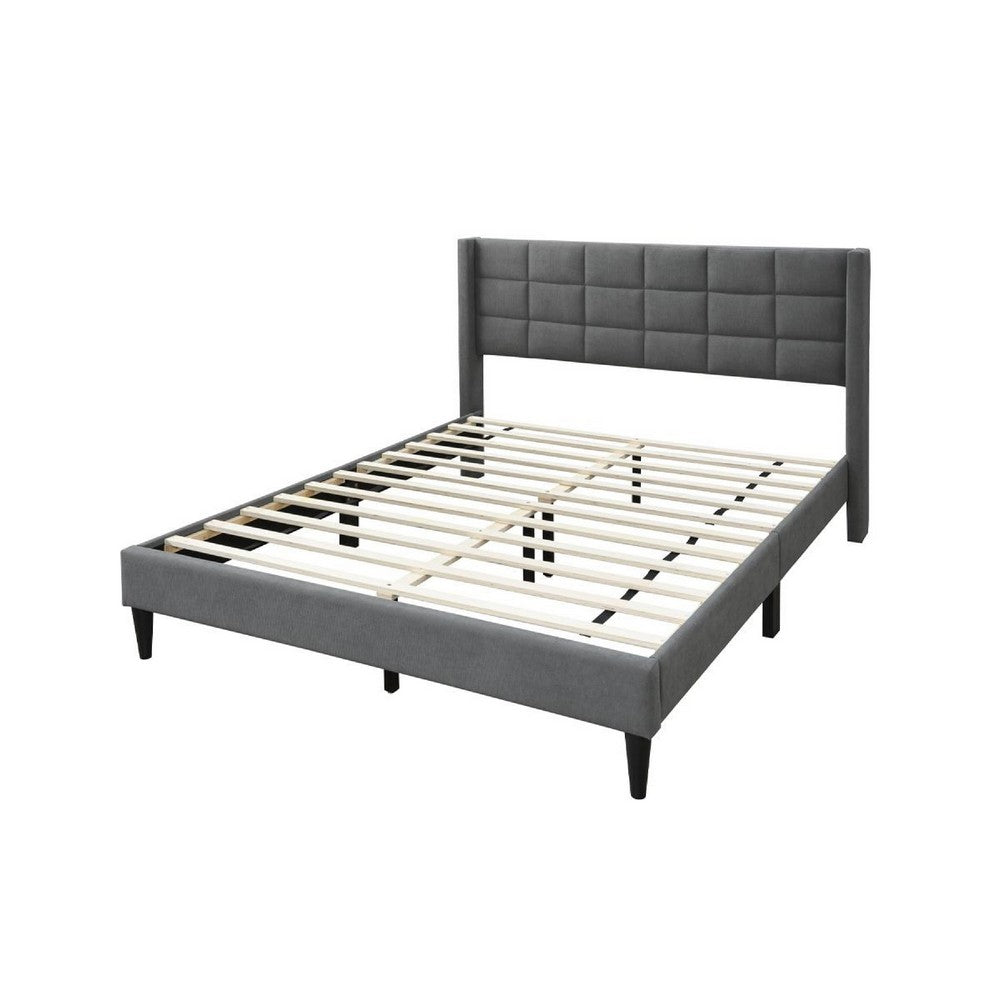 Meno Queen Size Bed, Square Stitched Slate Gray Linen Upholstery -BM332428