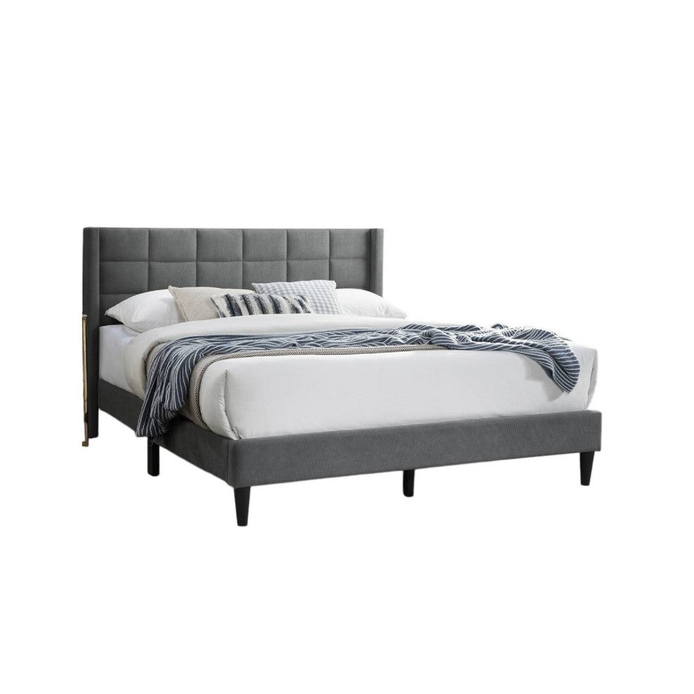 Meno Queen Size Bed, Square Stitched Slate Gray Linen Upholstery -BM332428