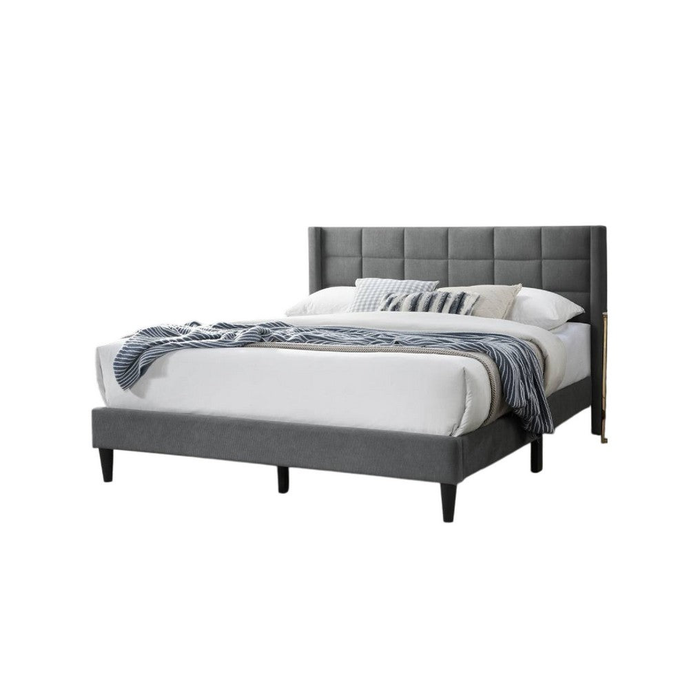 Meno Queen Size Bed, Square Stitched Slate Gray Linen Upholstery -BM332428