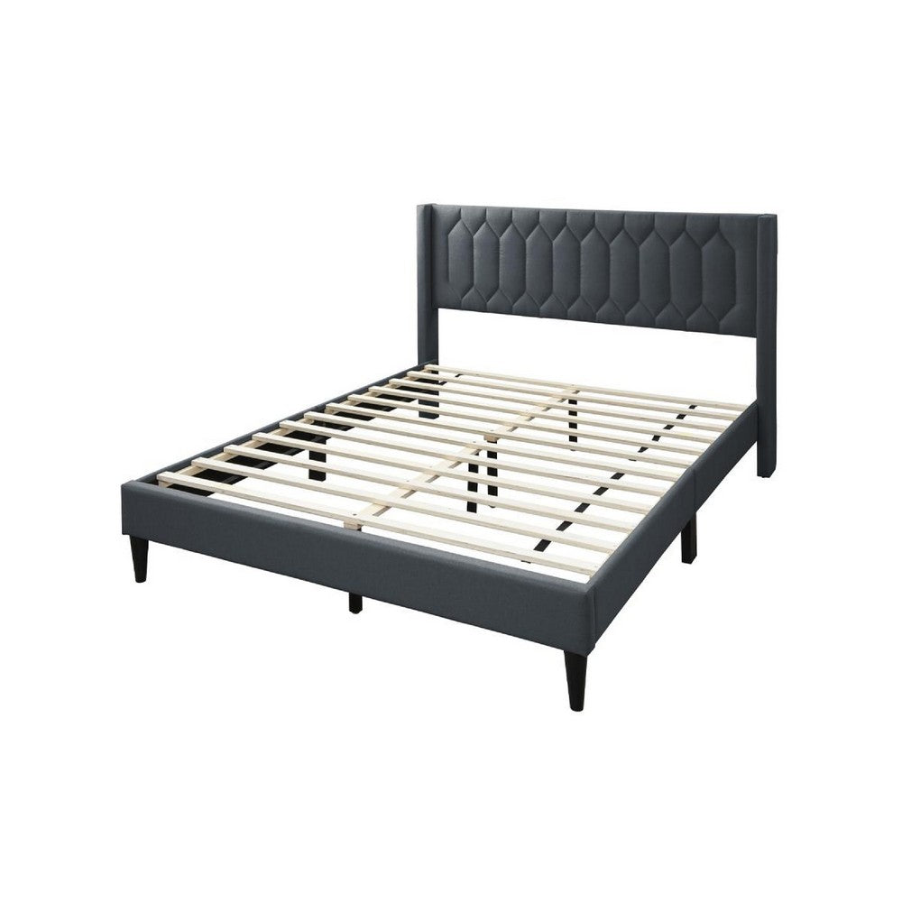 Jeo Queen Size Bed, Geometric Stitched Charcoal Gray Burlap Upholstery -BM332429