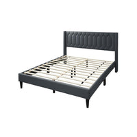 Jeo Queen Size Bed, Geometric Stitched Charcoal Gray Burlap Upholstery -BM332429