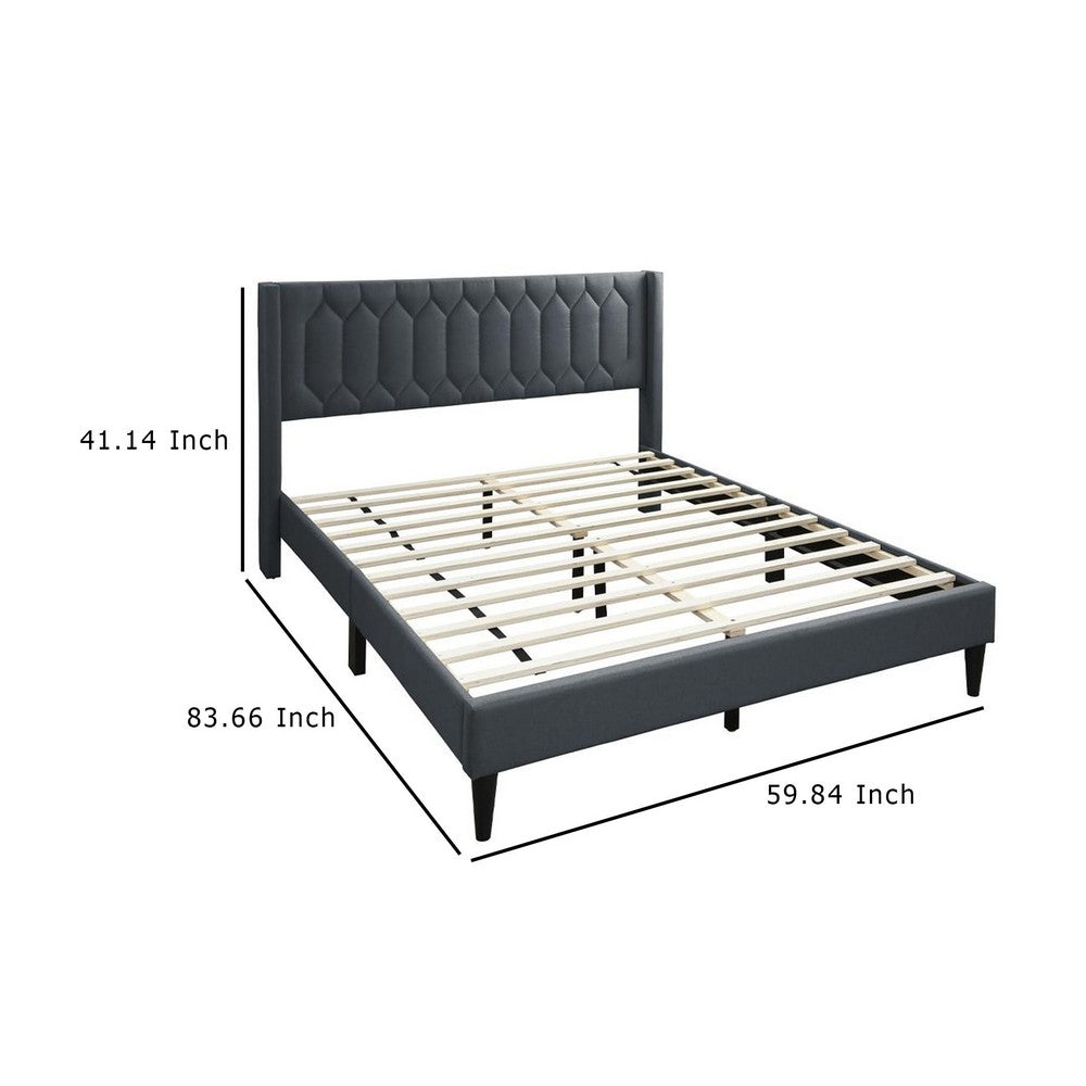 Jeo Queen Size Bed, Geometric Stitched Charcoal Gray Burlap Upholstery -BM332429