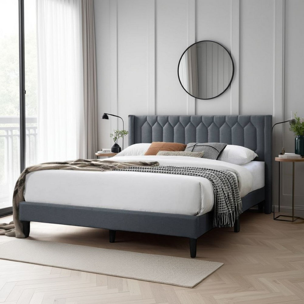 Jeo Queen Size Bed, Geometric Stitched Charcoal Gray Burlap Upholstery -BM332429