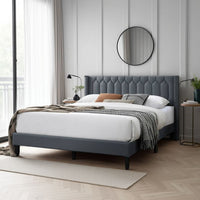 Jeo Queen Size Bed, Geometric Stitched Charcoal Gray Burlap Upholstery -BM332429