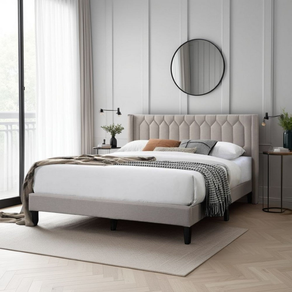 Jeo Queen Size Bed, Geometric Stitched Light Brown Burlap Upholstery -BM332430