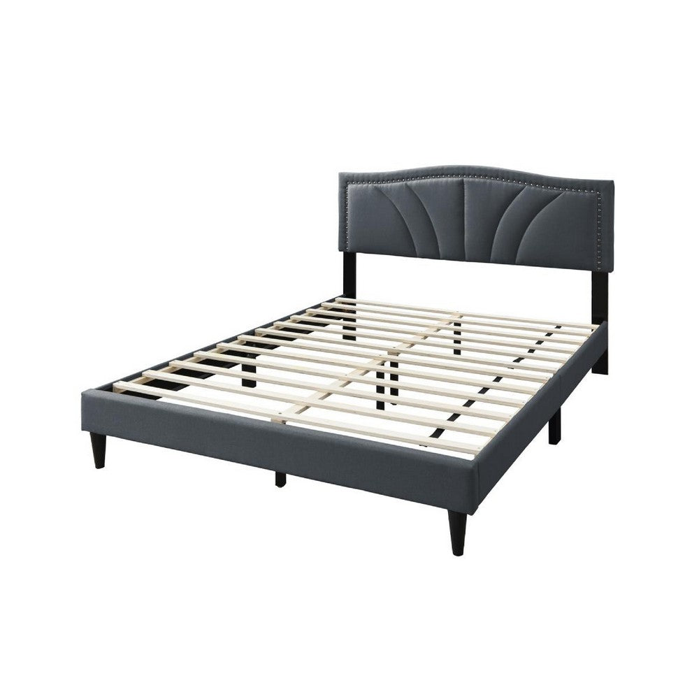 Reo Queen Size Bed, Charcoal Gray Burlap Upholstered Curved Headboard -BM332431