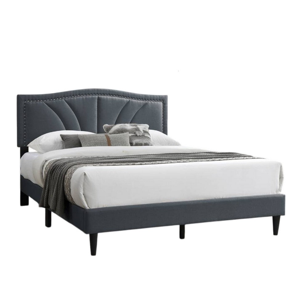 Reo Queen Size Bed, Charcoal Gray Burlap Upholstered Curved Headboard -BM332431