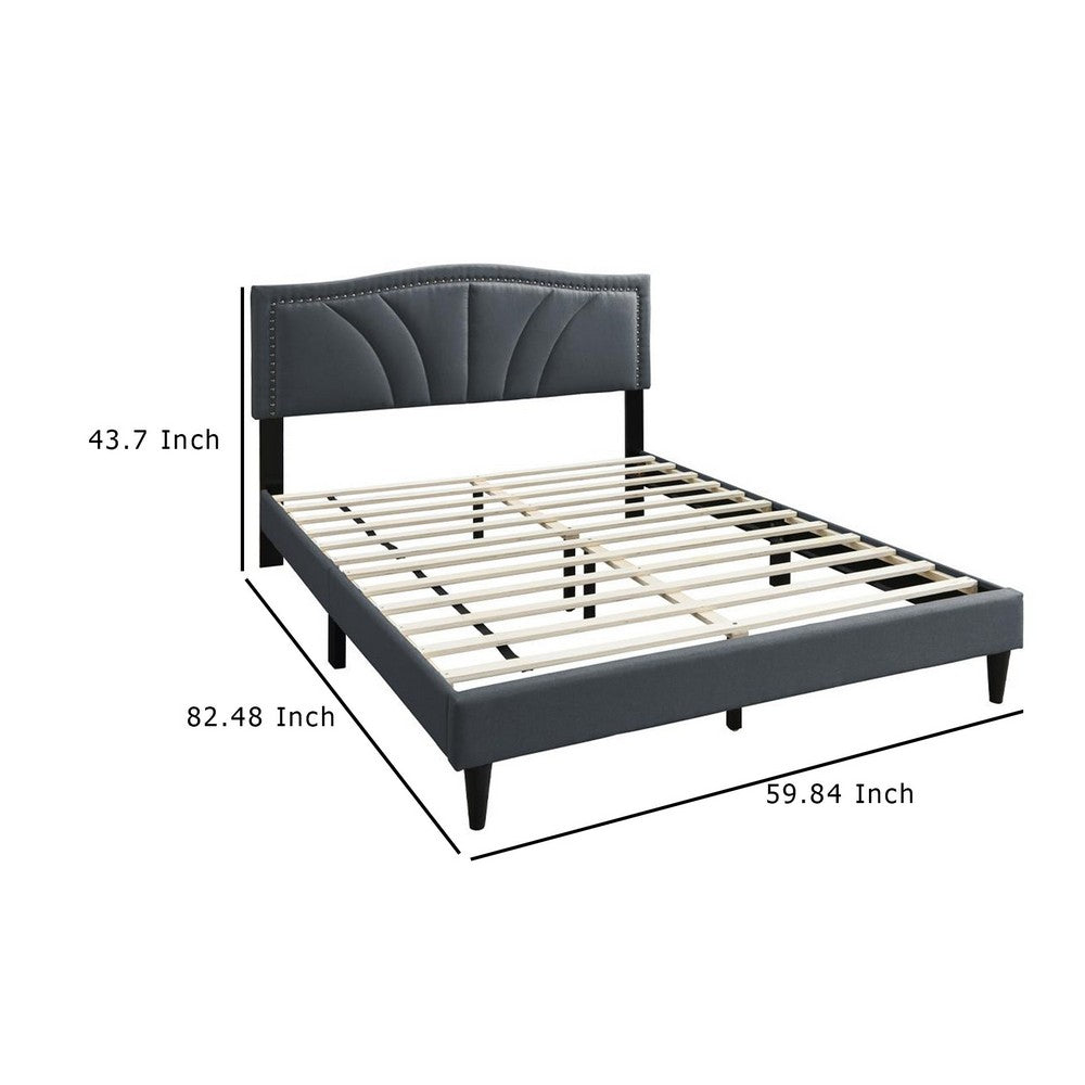 Reo Queen Size Bed, Charcoal Gray Burlap Upholstered Curved Headboard -BM332431