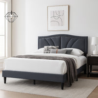 Reo Queen Size Bed, Charcoal Gray Burlap Upholstered Curved Headboard -BM332431