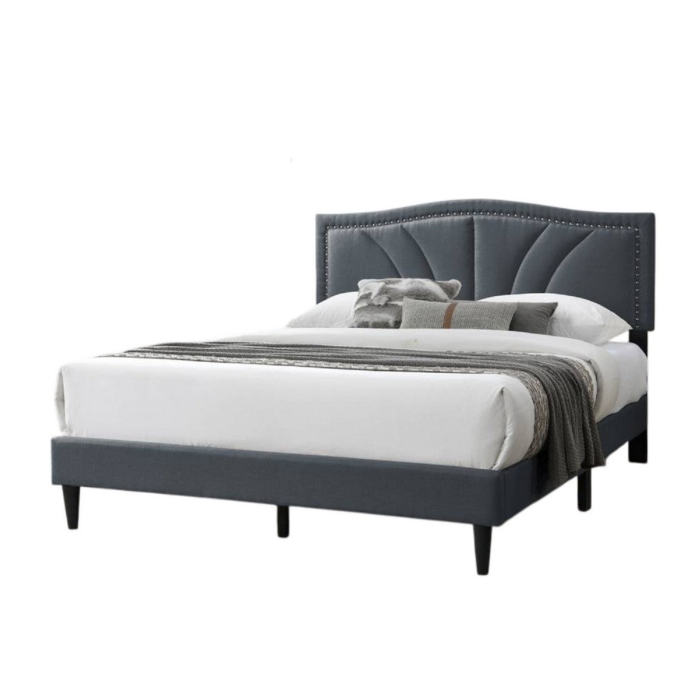 Reo Queen Size Bed, Charcoal Gray Burlap Upholstered Curved Headboard -BM332431
