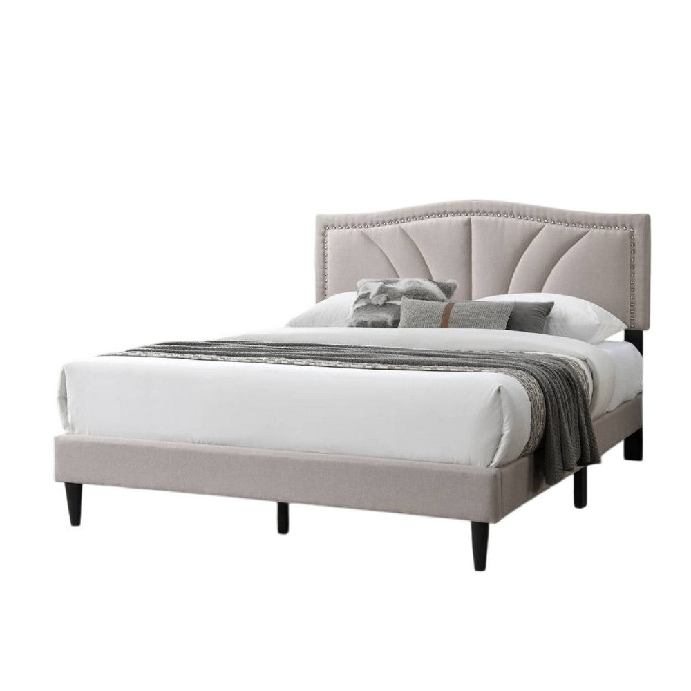 Reo Queen Size Bed, Light Brown Burlap Upholstered Curved Headboard -BM332432