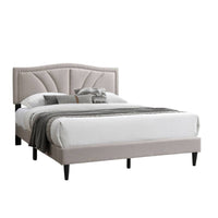 Reo Queen Size Bed, Light Brown Burlap Upholstered Curved Headboard -BM332432