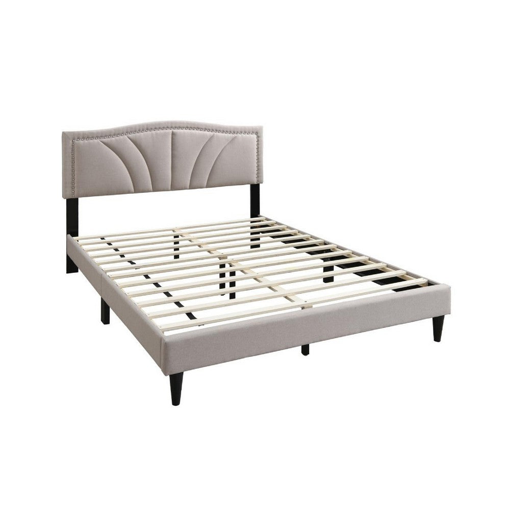 Reo Queen Size Bed, Light Brown Burlap Upholstered Curved Headboard -BM332432