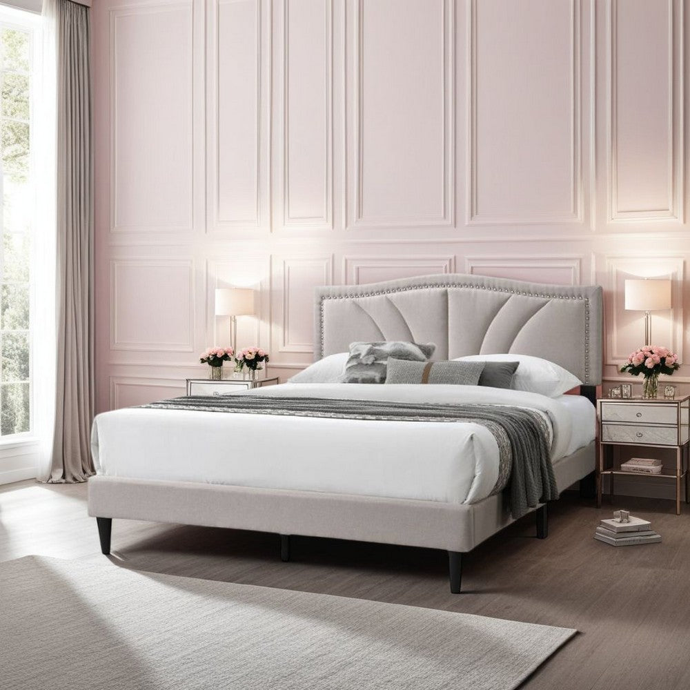 Reo Queen Size Bed, Light Brown Burlap Upholstered Curved Headboard -BM332432