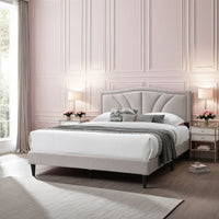 Reo Queen Size Bed, Light Brown Burlap Upholstered Curved Headboard -BM332432