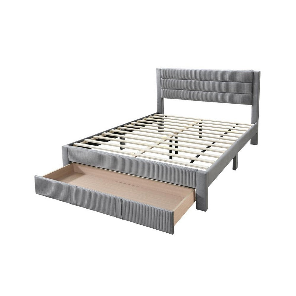 Heo Queen Size Bed w Storage Drawer, Light Gray Corduroy Upholstery -BM332434