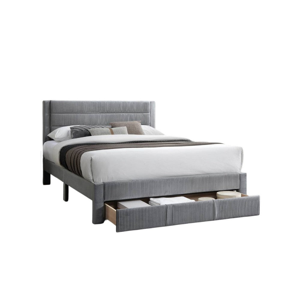 Heo Queen Size Bed w Storage Drawer, Light Gray Corduroy Upholstery -BM332434