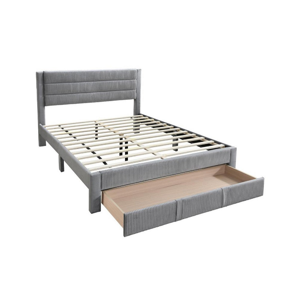 Heo Queen Size Bed w Storage Drawer, Light Gray Corduroy Upholstery -BM332434