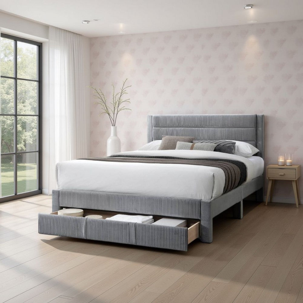 Heo Queen Size Bed w Storage Drawer, Light Gray Corduroy Upholstery -BM332434