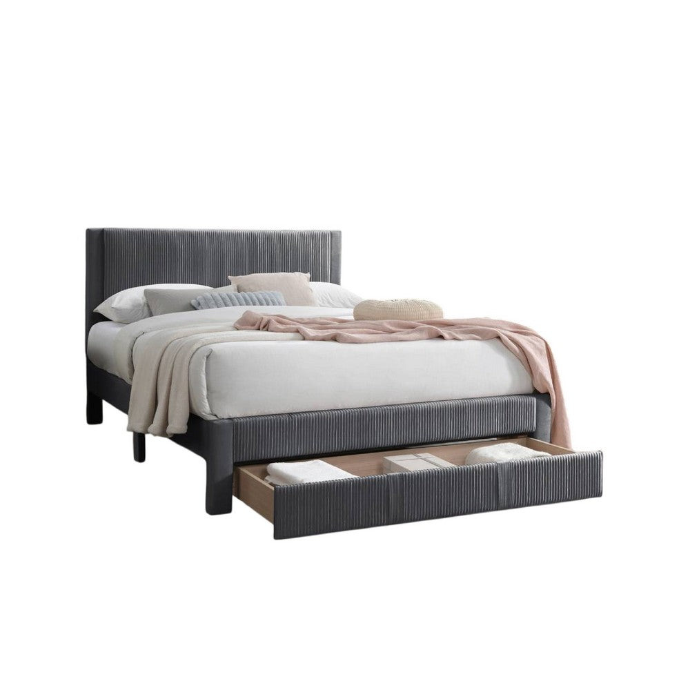 Peo Queen Size Bed w Storage Drawer, Charcoal Gray Corduroy Upholstery -BM332435