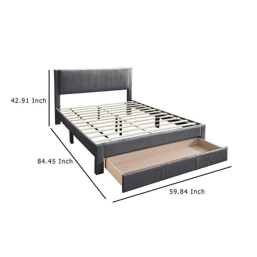 Peo Queen Size Bed w Storage Drawer, Charcoal Gray Corduroy Upholstery -BM332435