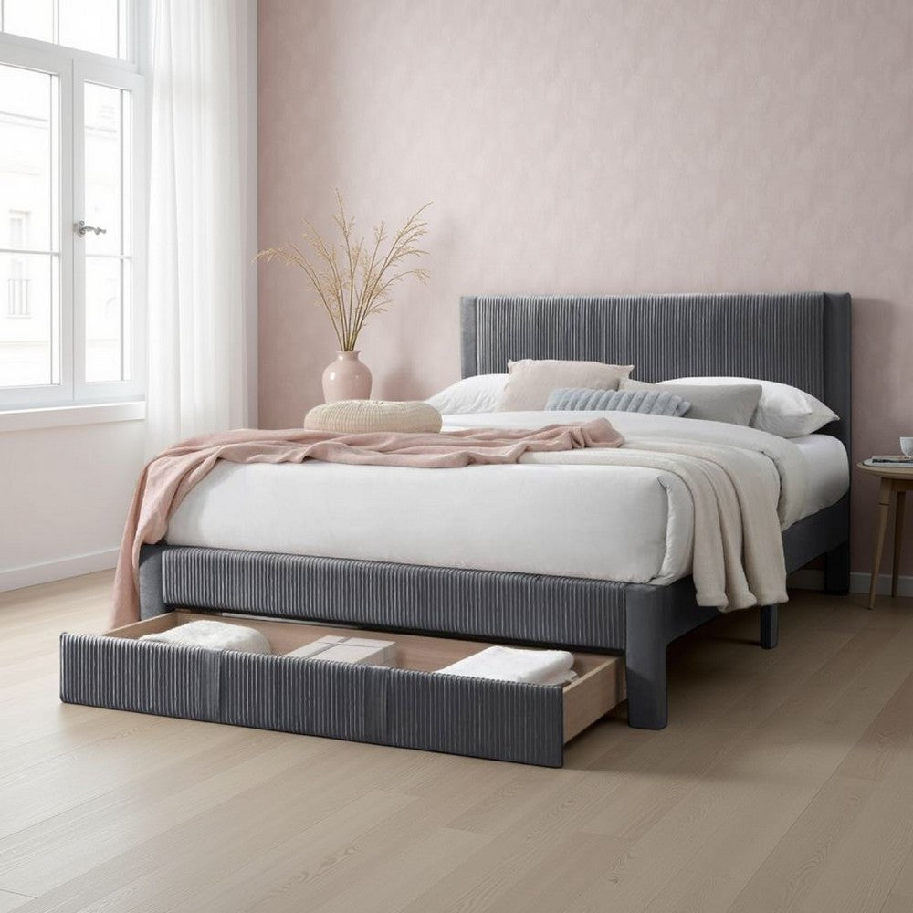 Peo Queen Size Bed w Storage Drawer, Charcoal Gray Corduroy Upholstery -BM332435