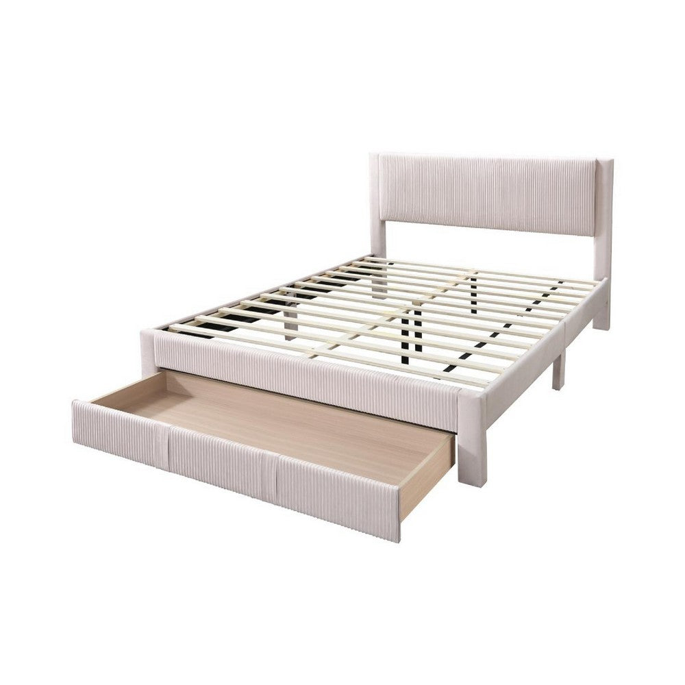 Peo Queen Size Bed w Storage Drawer, Light Pink Corduroy Upholstery -BM332436