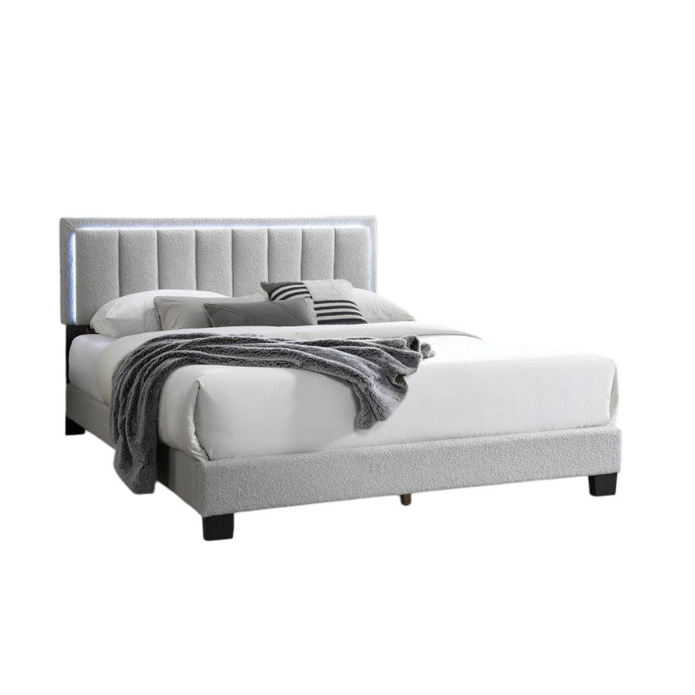 Zemo Queen Size Bed, LED Headboard, Tufted Light Gray Wool Upholstery -BM332438