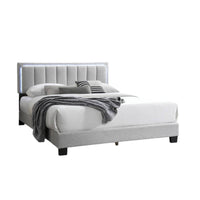 Zemo Queen Size Bed, LED Headboard, Tufted Light Gray Wool Upholstery -BM332438