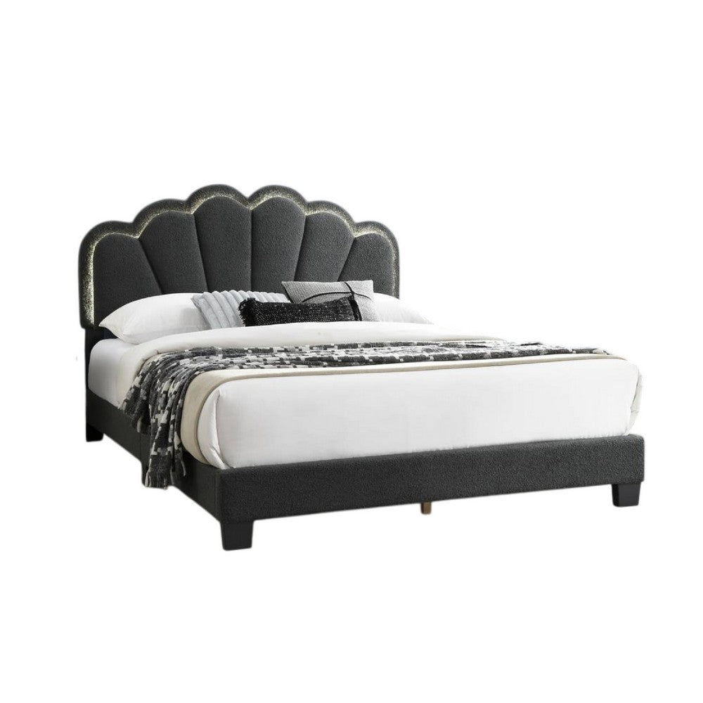 Geny Queen Size Bed, Charcoal Gray Wool Upholstery and LED, Glam Arch -BM332439